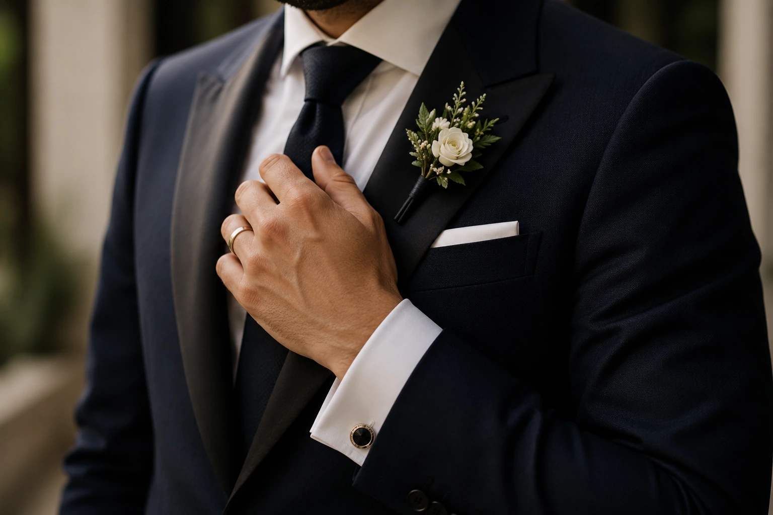 Détail d’un costume de marié sur mesure