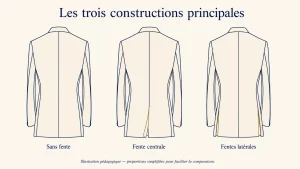 Schéma comparant une veste sans fente, avec une fente centrale et avec deux fentes latérales