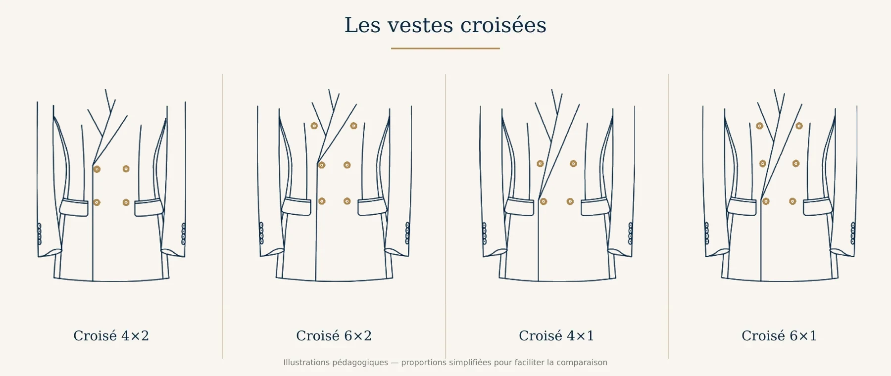 Schéma comparant les vestes croisées 4 par 2, 6 par 2, 4 par 1 et 6 par 1