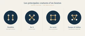 Schéma comparant quatre boutons identiques cousus en parallèle, en X, en carré et en Zampa di Gallina