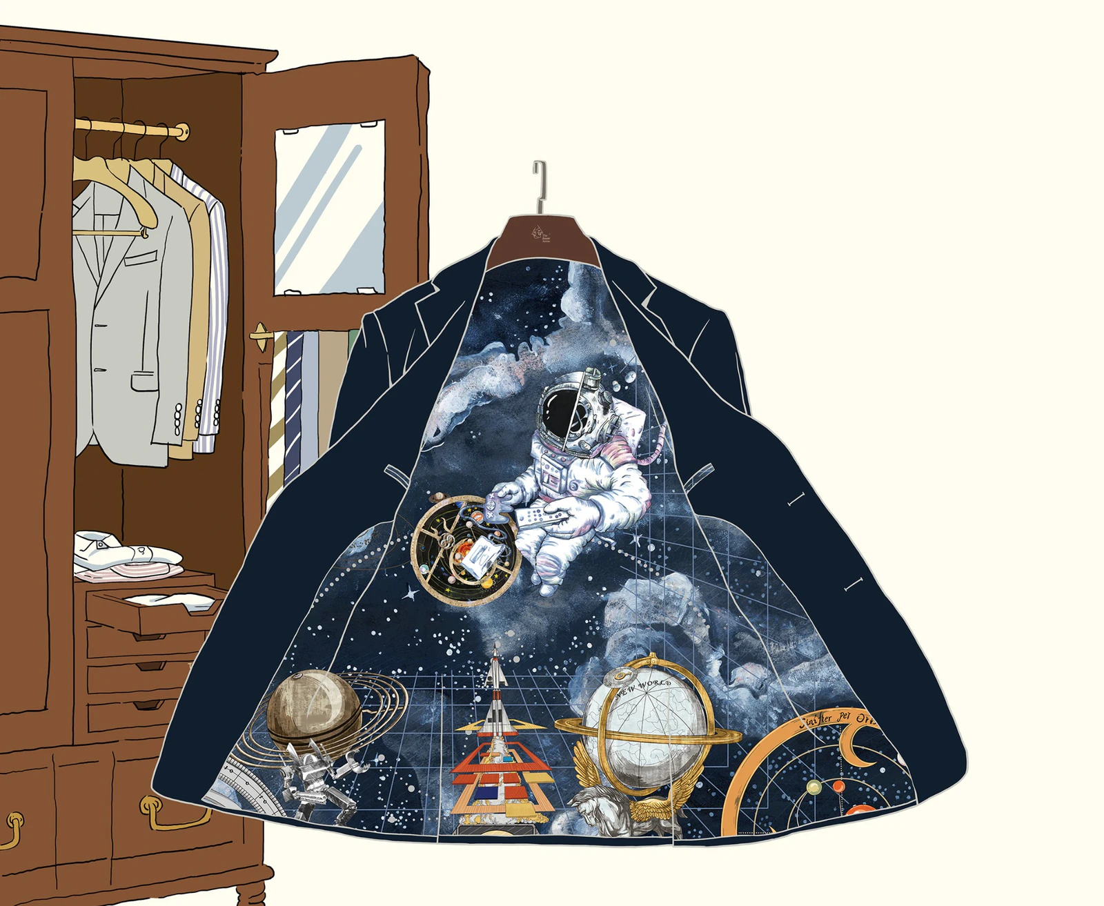 Veste ouverte révélant une doublure panoramique illustrée sur le thème de l’espace