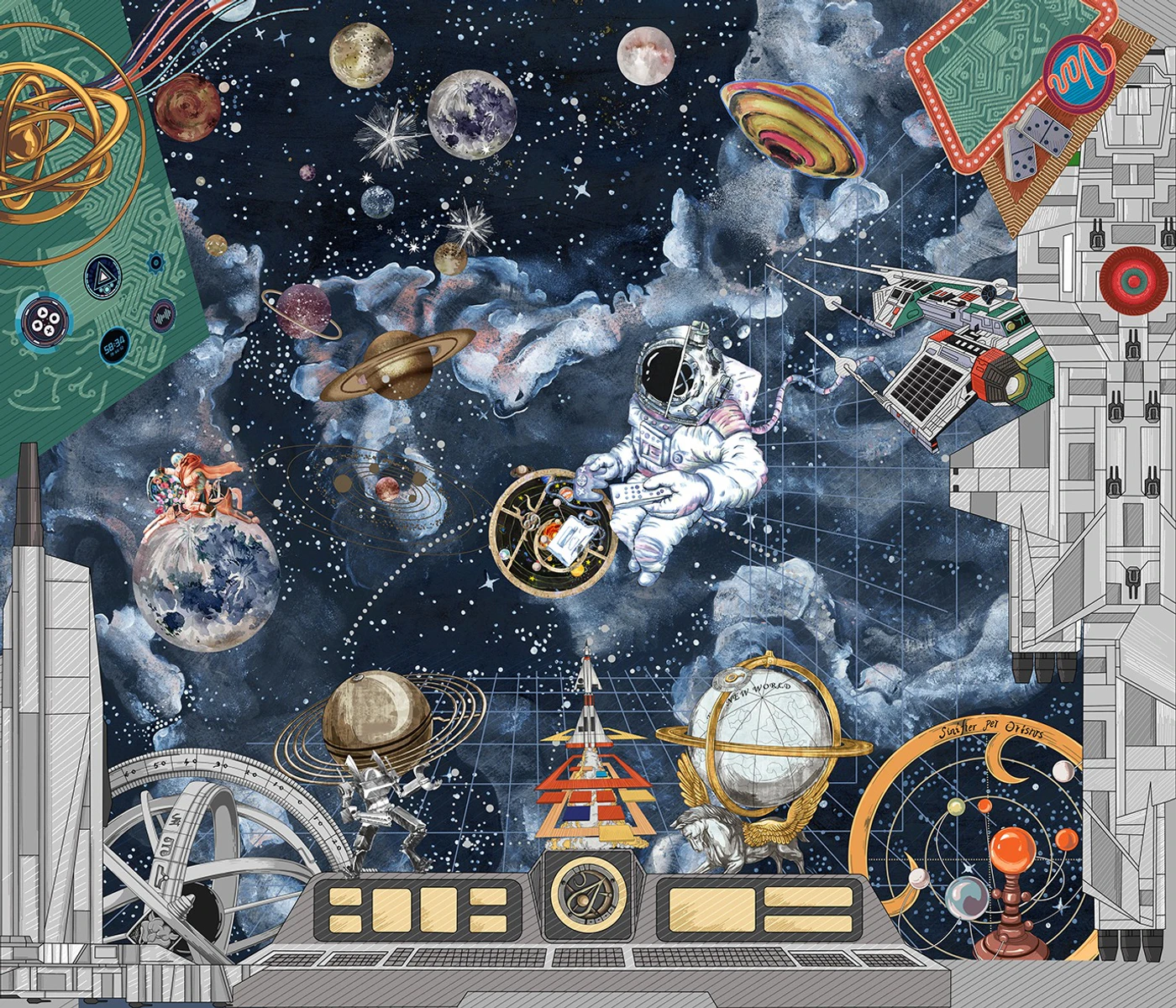 Illustration panoramique sur le thème de l’espace destinée à l’impression d’une doublure de veste