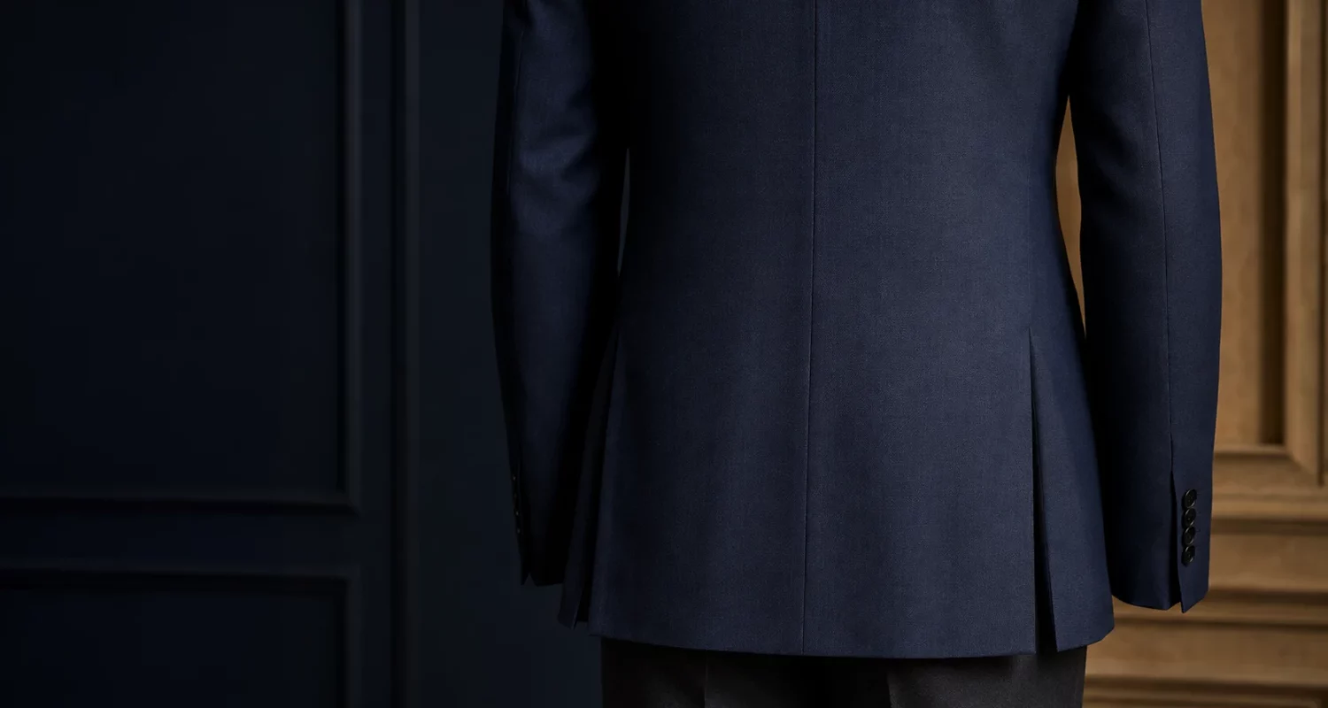 Dos d’une veste bleu marine sur mesure présentant deux fentes latérales