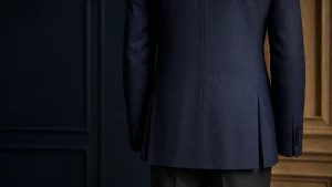 Dos d’une veste bleu marine sur mesure présentant deux fentes latérales