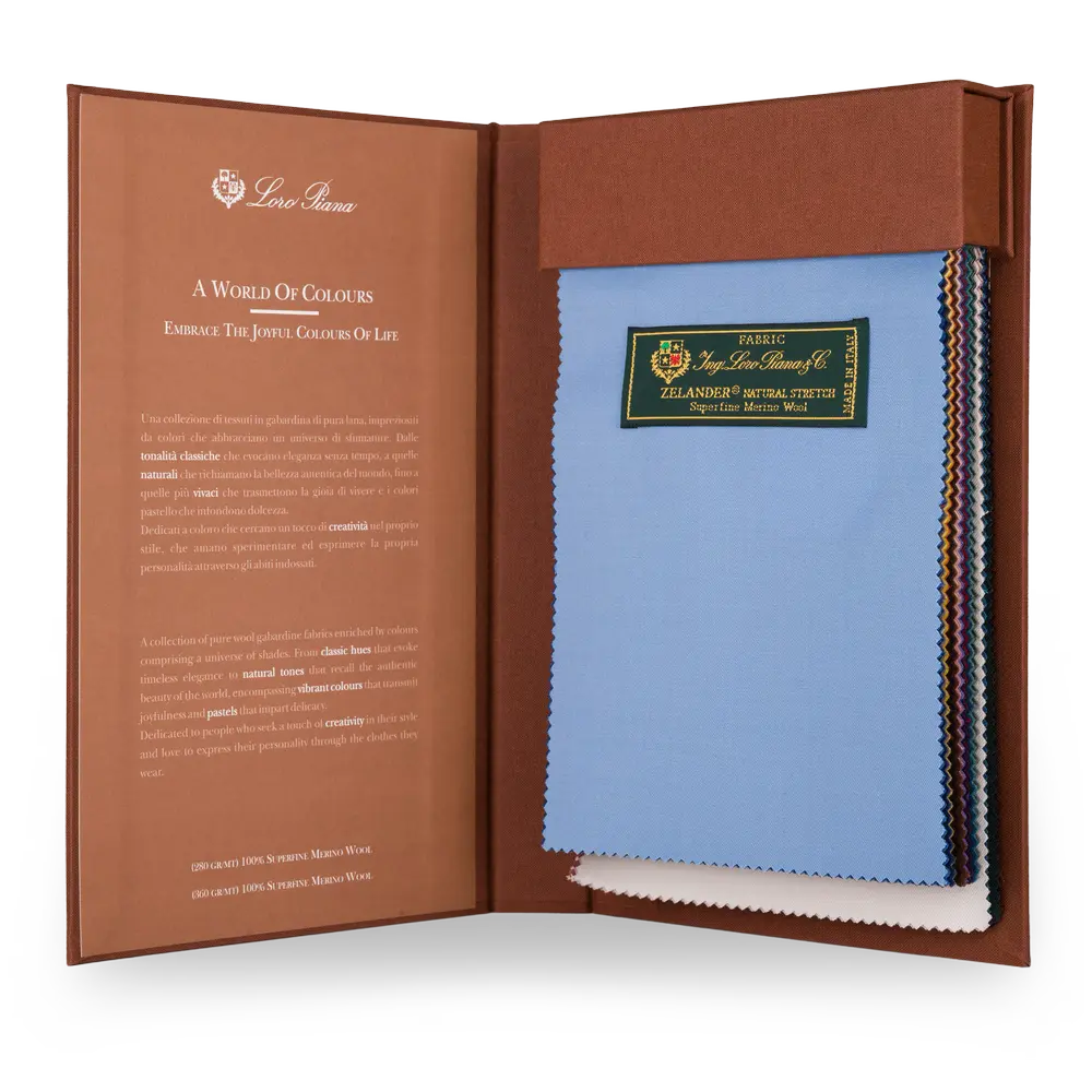 Liasse Zelander A World of Colours de Loro Piana ouverte sur ses coupons